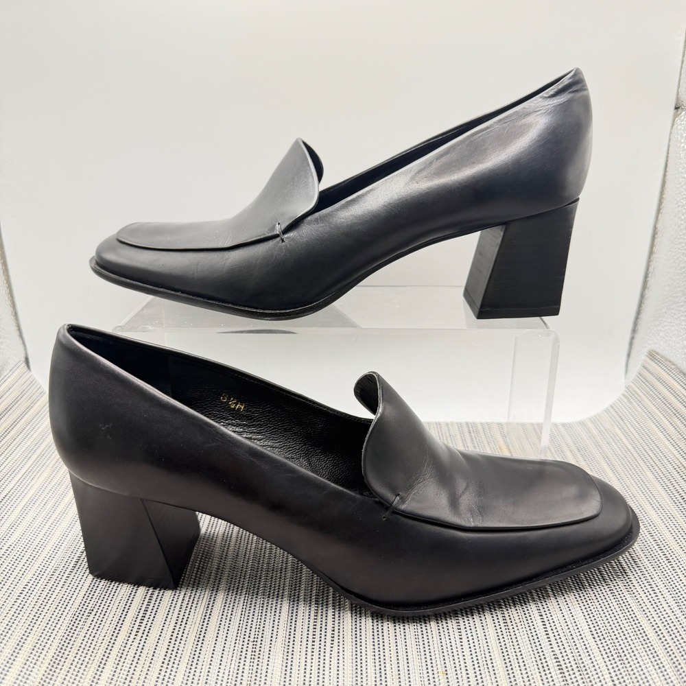 Evan-Picone Black Leather Loafers Size 8.5M Square Toe Block Heel Made in Spain - Picture 2 of 9
